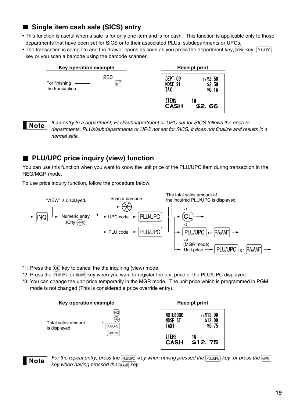 Single item cash sale (sics) entry, Plu/upc price inquiry (view) function, Ol o q | Iä o a | Sharp Electronic Cash Register XE-A402 User Manual | Page 21 / 124