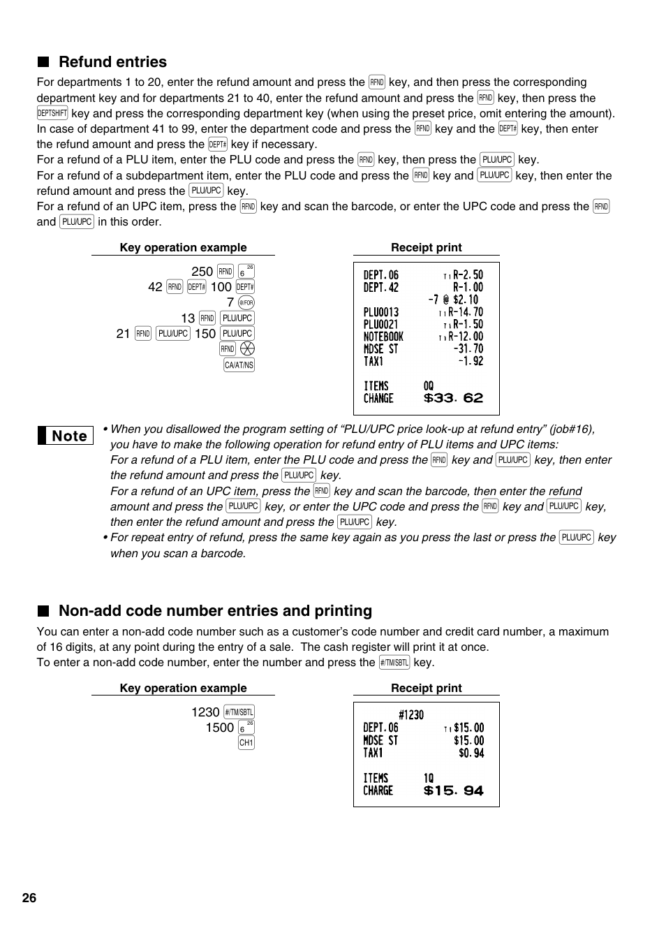 Refund entries, Non-add code number entries and printing, Of ä a | Sharp Electronic Cash Register XE-A402 User Manual | Page 28 / 124