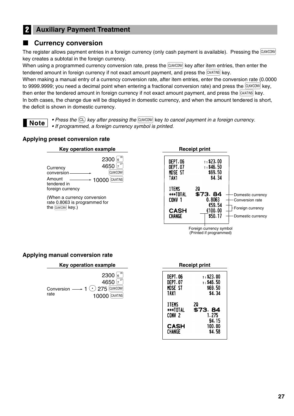 Auxiliary payment treatment, Currency conversion, 2 auxiliary payment treatment | Sharp Electronic Cash Register XE-A402 User Manual | Page 29 / 124