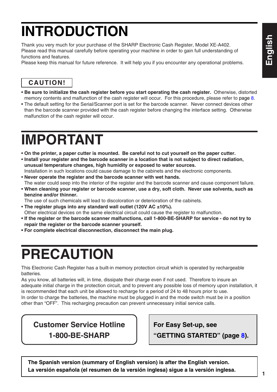 English, Introduction, Important | Precaution, Customer service hotline 1-800-be-sharp | Sharp Electronic Cash Register XE-A402 User Manual | Page 3 / 124