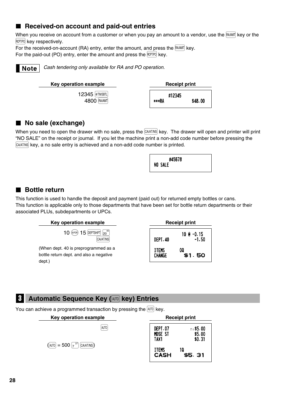 Received-on account and paid-out entries, No sale (exchange), Bottle return | Automatic sequence key ([auto] key) entries, 3 automatic sequence key, Key) entries, D π a | Sharp Electronic Cash Register XE-A402 User Manual | Page 30 / 124