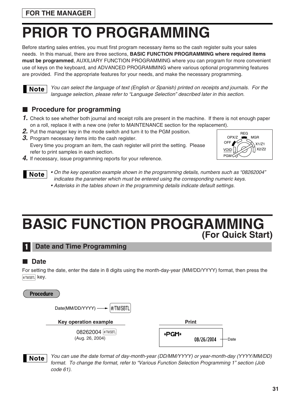 Prior to programming, Procedure for programming, Basic function programming (for quick start) | Date and time programming, Date, 1 date and time programming, Basic function programming, For quick start) | Sharp Electronic Cash Register XE-A402 User Manual | Page 33 / 124