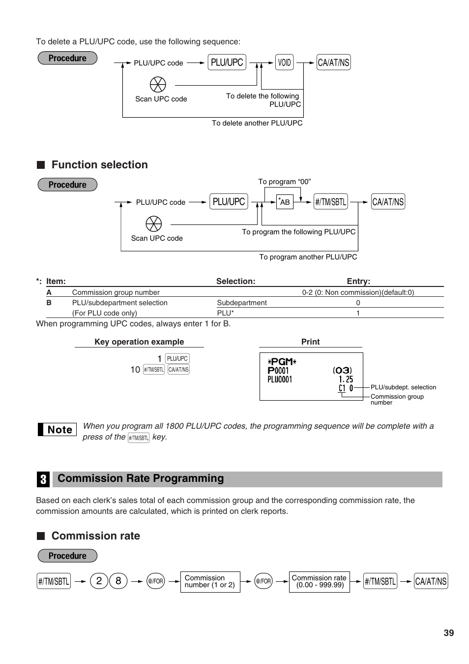 Function selection, Commission rate programming, Commission rate | 3 commission rate programming, 28 s a | Sharp Electronic Cash Register XE-A402 User Manual | Page 41 / 124