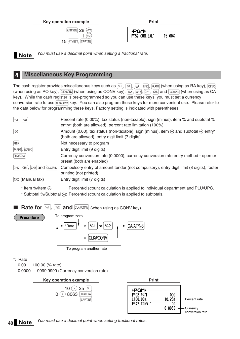 Miscellaneous key programming, Rate for [%1], [%2] and [conv, 4 miscellaneous key programming | Rate for, When using as conv key) | Sharp Electronic Cash Register XE-A402 User Manual | Page 42 / 124