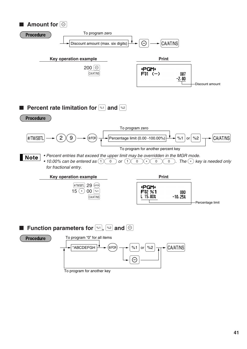 Amount for, Percent rate limitation for [%1] and [%2, Function parameters for [%1], [%2] and | Percent rate limitation for, Function parameters for, S@ 29 | Sharp Electronic Cash Register XE-A402 User Manual | Page 43 / 124