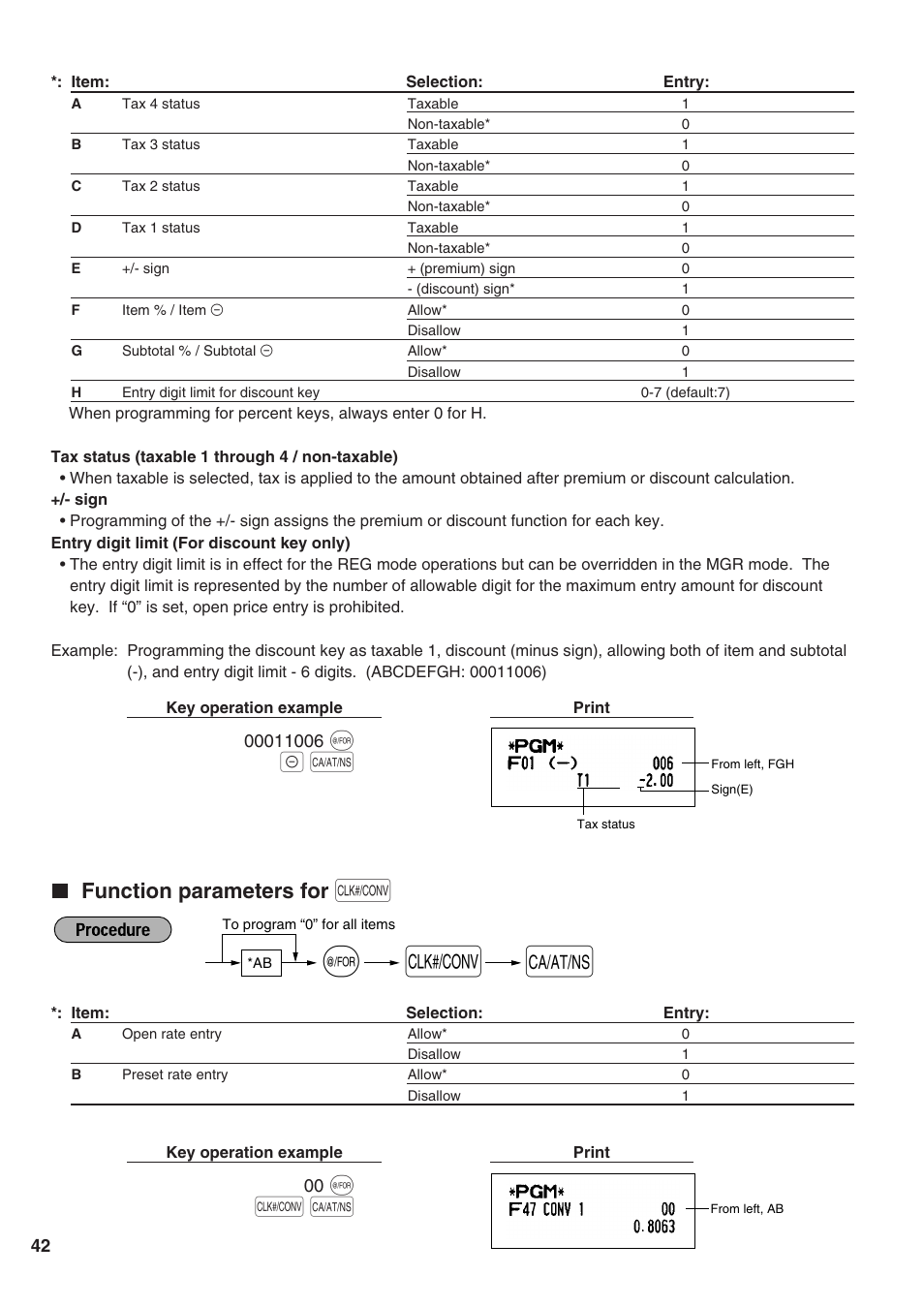 Function parameters for [conv, Function parameters for | Sharp Electronic Cash Register XE-A402 User Manual | Page 44 / 124