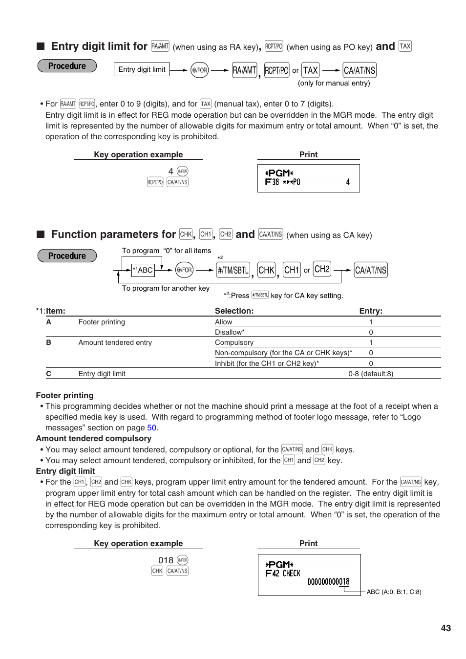 Entry digit limit for [ra], [po] and [tax, Entry digit limit for, When using as ra key) | When using as po key) and, Function parameters for, When using as ca key), A@ q | Sharp Electronic Cash Register XE-A402 User Manual | Page 45 / 124