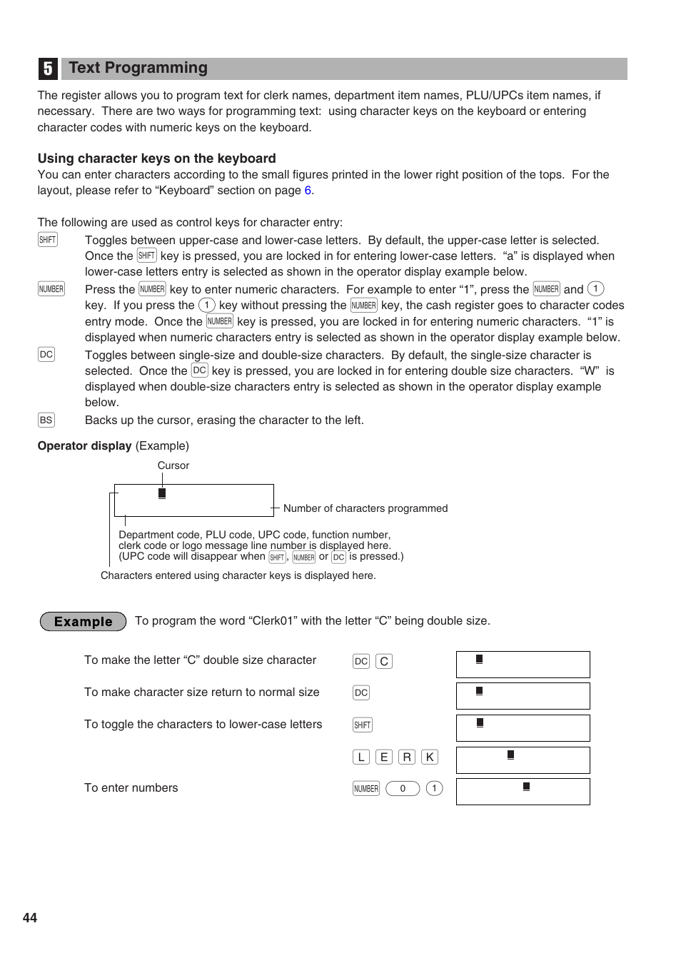 Text programming, Using character keys on the keyboard, 5 text programming | Sharp Electronic Cash Register XE-A402 User Manual | Page 46 / 124