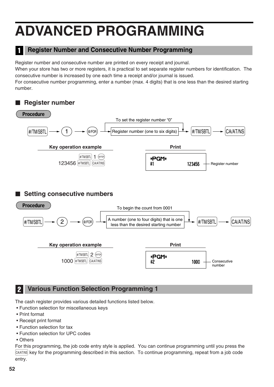 Advanced programming, Register number and consecutive number programming, Register number | Setting consecutive numbers, Various function selection programming 1, 2 various function selection programming 1, 2s @ s a, 1s @ s a | Sharp Electronic Cash Register XE-A402 User Manual | Page 54 / 124