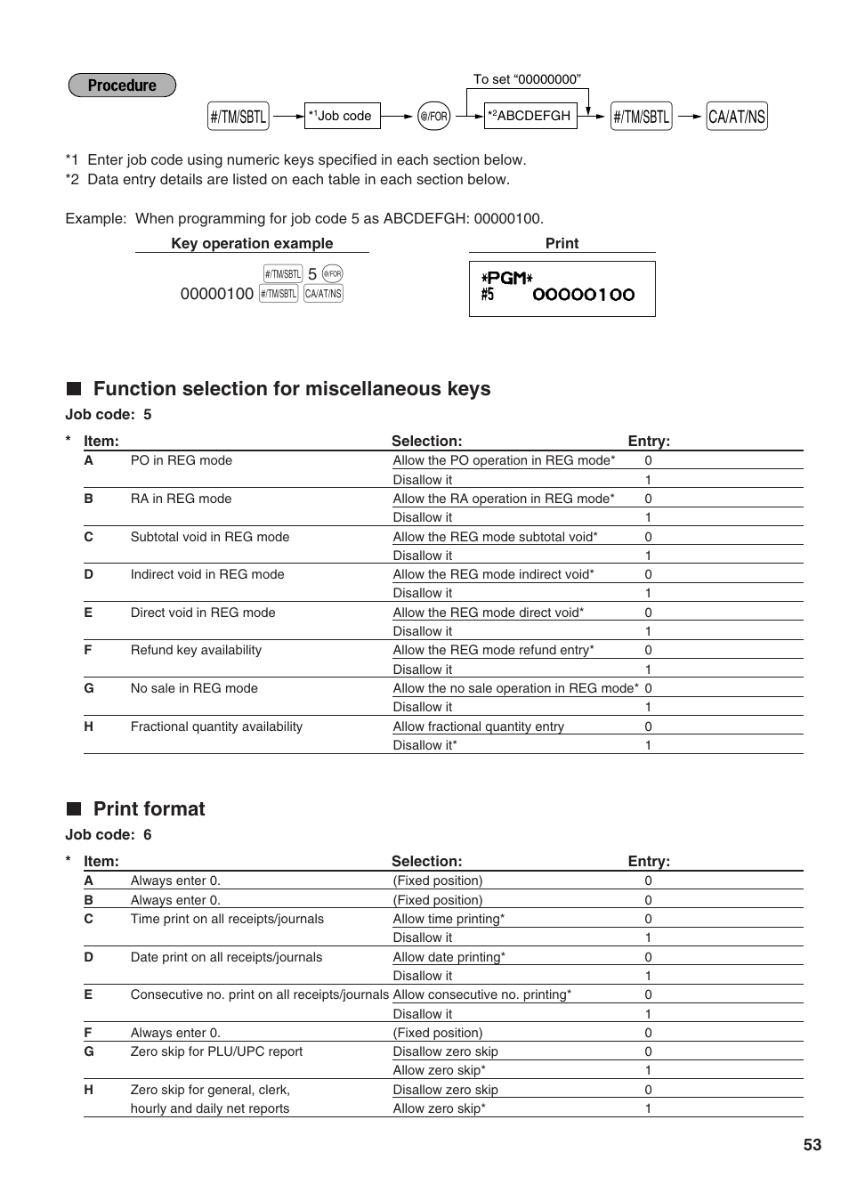 Function selection for miscellaneous keys, Print format | Sharp Electronic Cash Register XE-A402 User Manual | Page 55 / 124