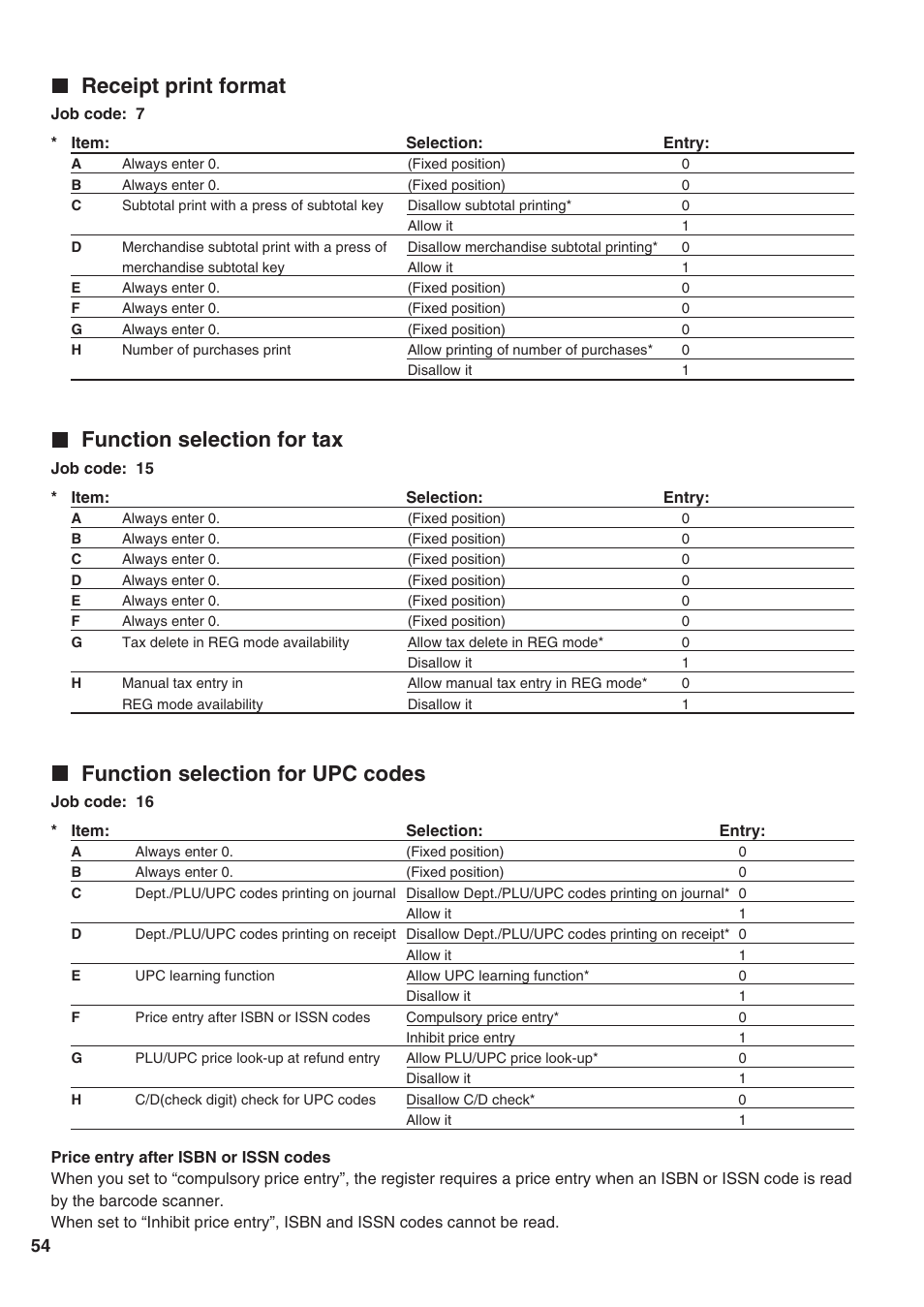 Receipt print format, Function selection for tax, Function selection for upc codes | Sharp Electronic Cash Register XE-A402 User Manual | Page 56 / 124