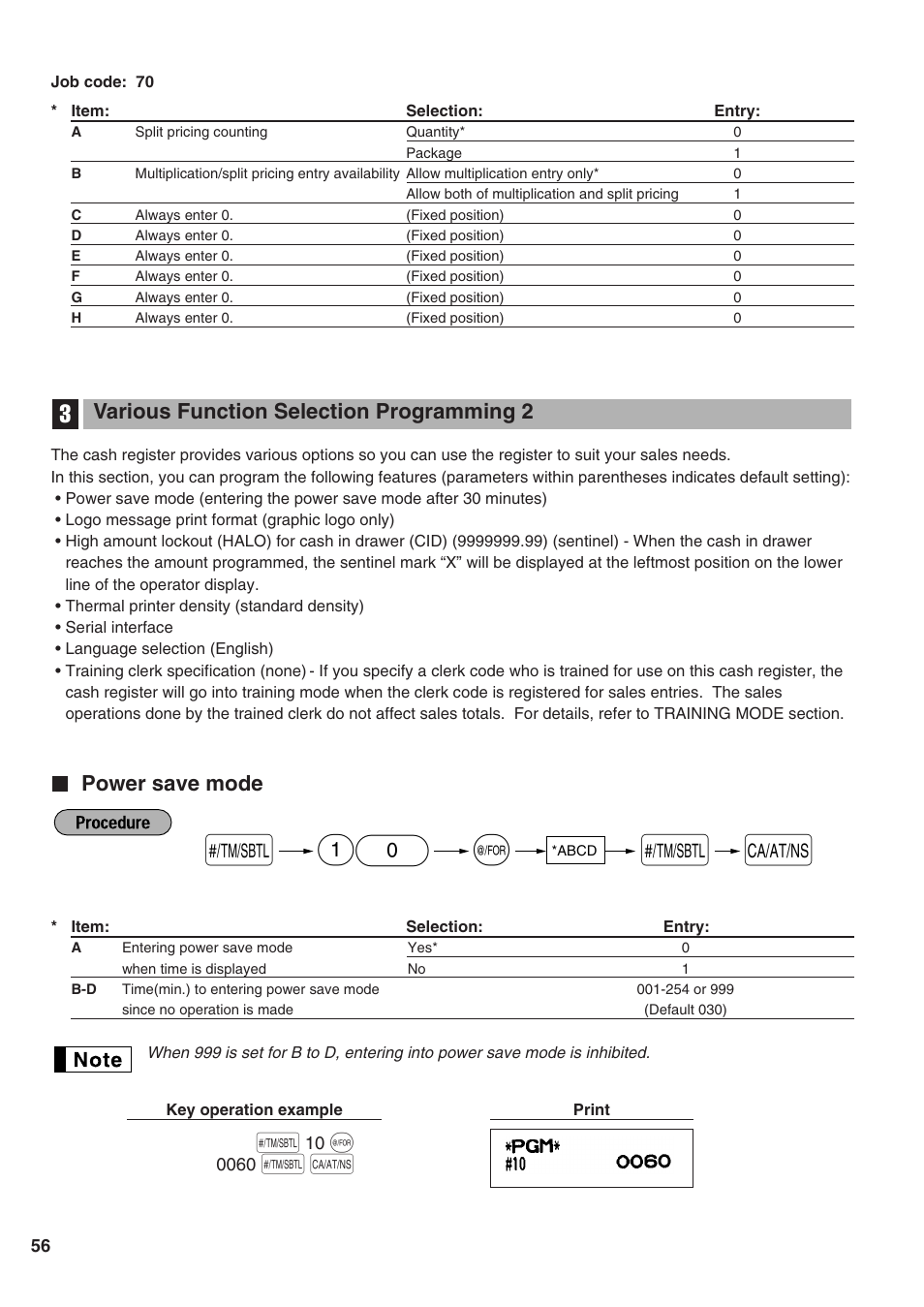 Various function selection programming 2, Power save mode, 3 various function selection programming 2 | Sharp Electronic Cash Register XE-A402 User Manual | Page 58 / 124