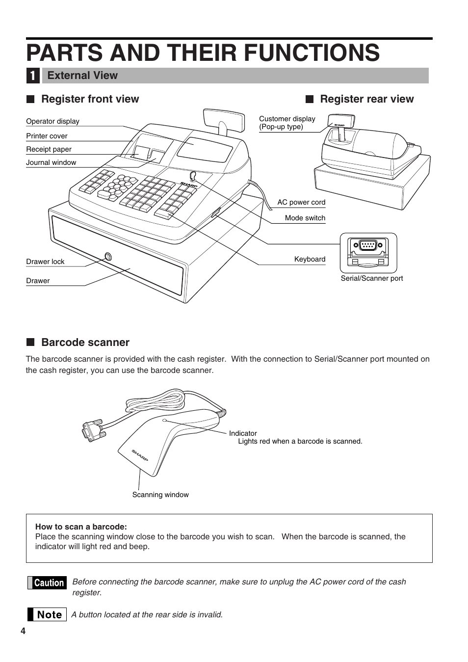 Parts and their functions, External view, Register front view | Register rear view, Barcode scanner, 1 external view | Sharp Electronic Cash Register XE-A402 User Manual | Page 6 / 124