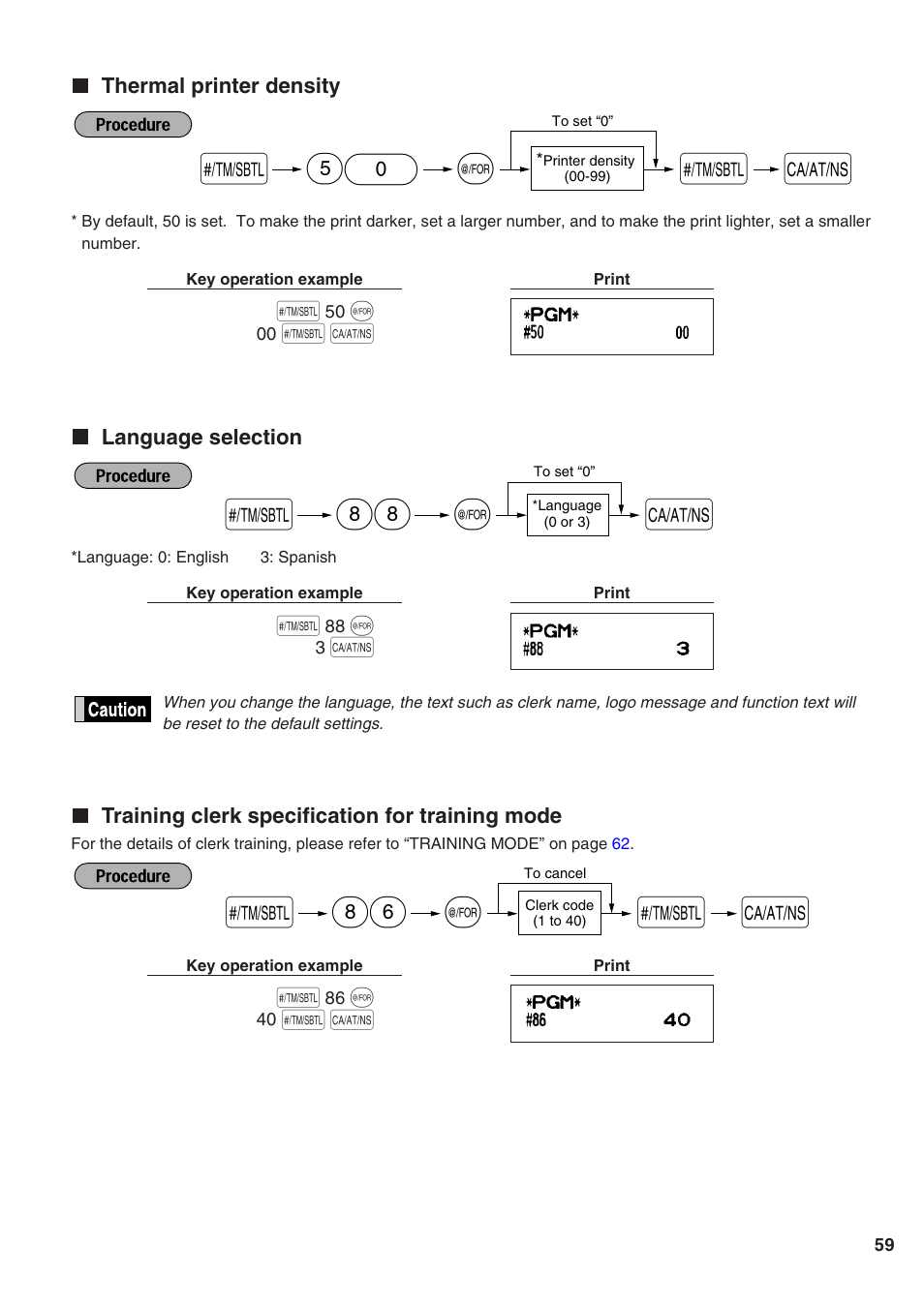 Thermal printer density, Language selection, Training clerk specification for training mode | Sharp Electronic Cash Register XE-A402 User Manual | Page 61 / 124