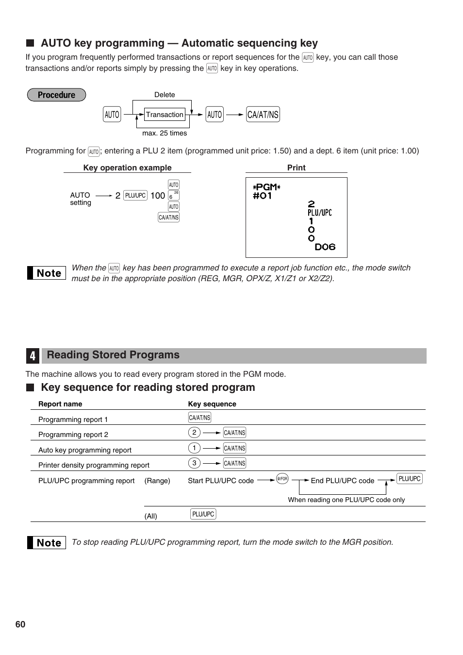 Auto key programming — automatic sequencing key, Reading stored programs, Key sequence for reading stored program | Auto key programming, 4 reading stored programs | Sharp Electronic Cash Register XE-A402 User Manual | Page 62 / 124