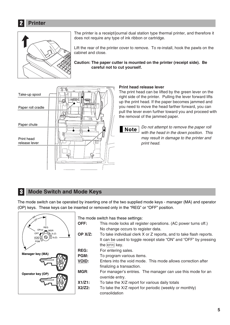 Printer, Mode switch and mode keys, 2 printer | 3 mode switch and mode keys | Sharp Electronic Cash Register XE-A402 User Manual | Page 7 / 124