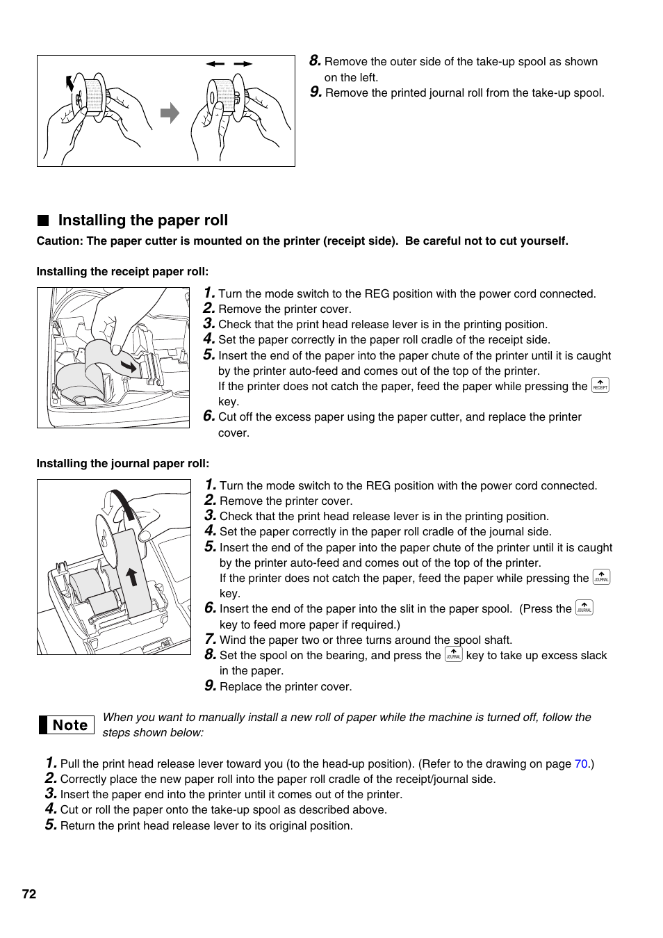 Installing the paper roll | Sharp Electronic Cash Register XE-A402 User Manual | Page 74 / 124