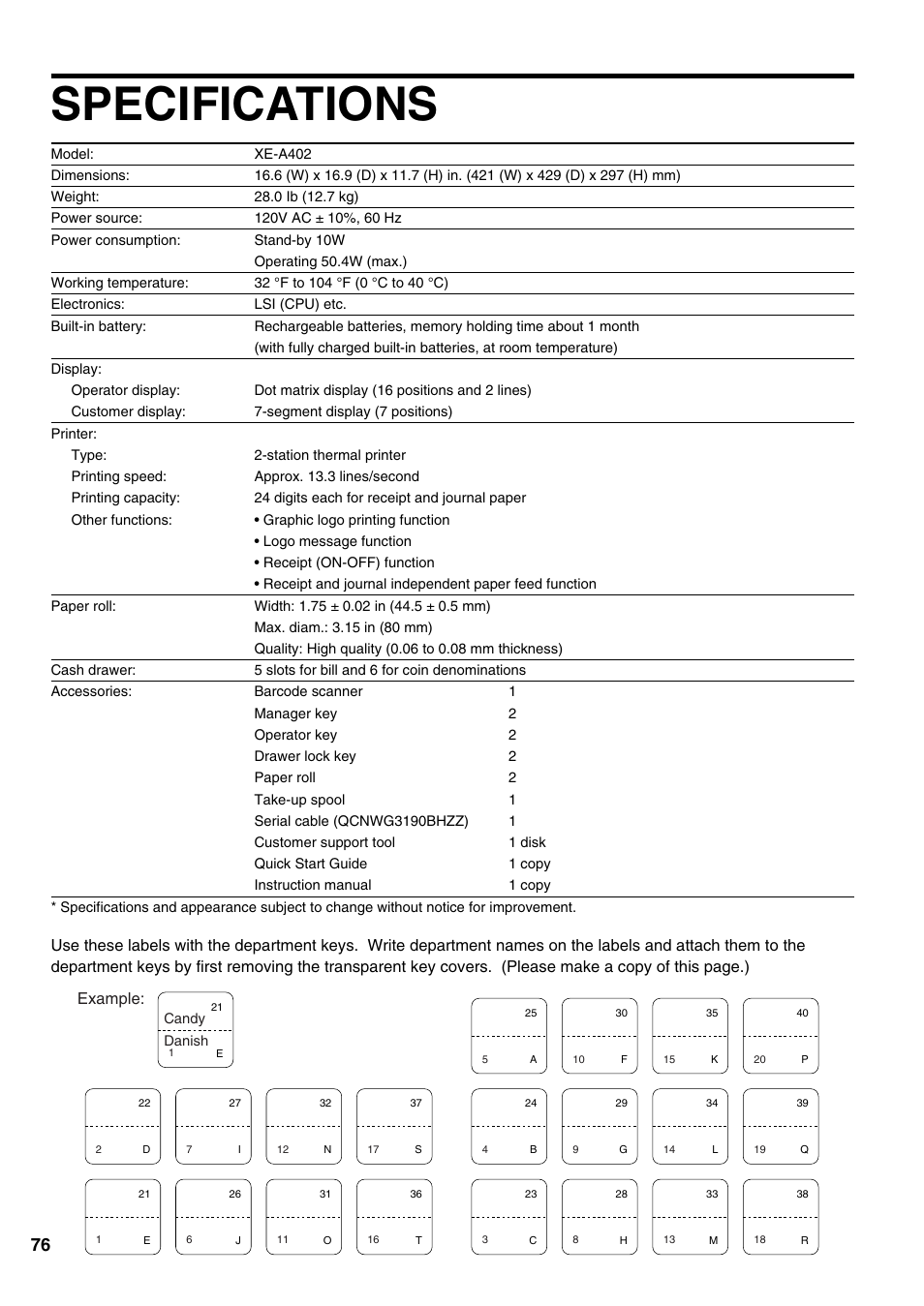 Specifications | Sharp Electronic Cash Register XE-A402 User Manual | Page 78 / 124