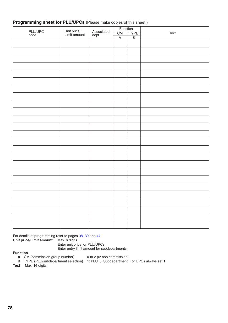 Programming sheet for plu/upcs | Sharp Electronic Cash Register XE-A402 User Manual | Page 80 / 124