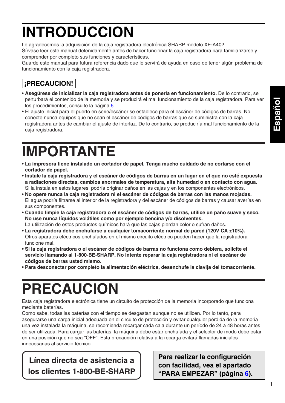 Español, Introduccion, Importante | Precaucion, Manual de instrucciones (version en español), English español | Sharp Electronic Cash Register XE-A402 User Manual | Page 81 / 124