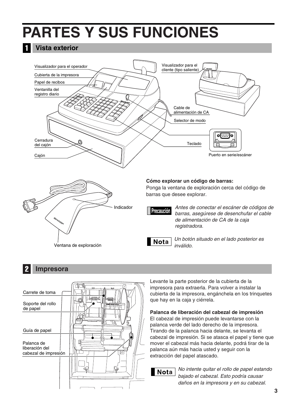 Partes y sus funciones, Vista exterior, Impresora | Sharp Electronic Cash Register XE-A402 User Manual | Page 83 / 124