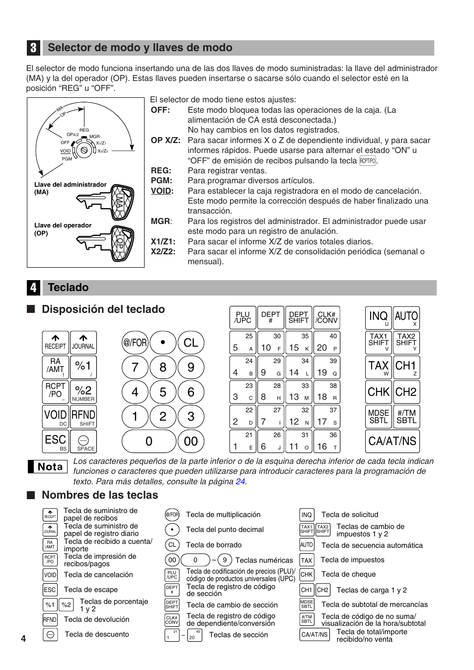 Selector de modo y llaves de modo, Teclado, Disposición del teclado | Nombres de las teclas, 1 void rfnd, Auto inq, Chk ch2, Tax ch1, Ca/at/ns, Nombres de las teclas teclado | Sharp Electronic Cash Register XE-A402 User Manual | Page 84 / 124