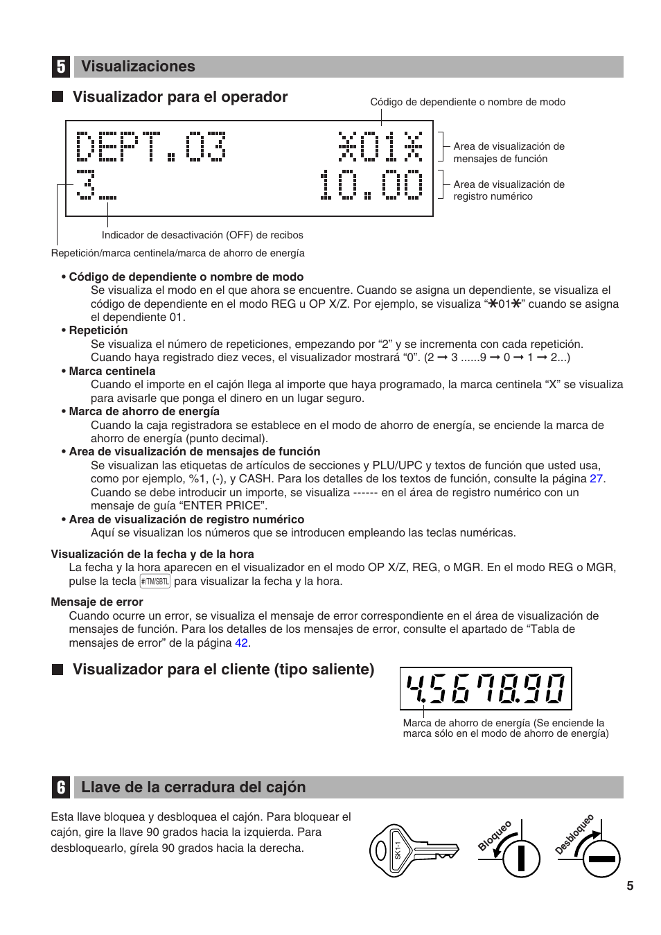 Visualizaciones, Visualizador para el operador, Visualizador para el cliente (tipo saliente) | Llave de la cerradura del cajón | Sharp Electronic Cash Register XE-A402 User Manual | Page 85 / 124