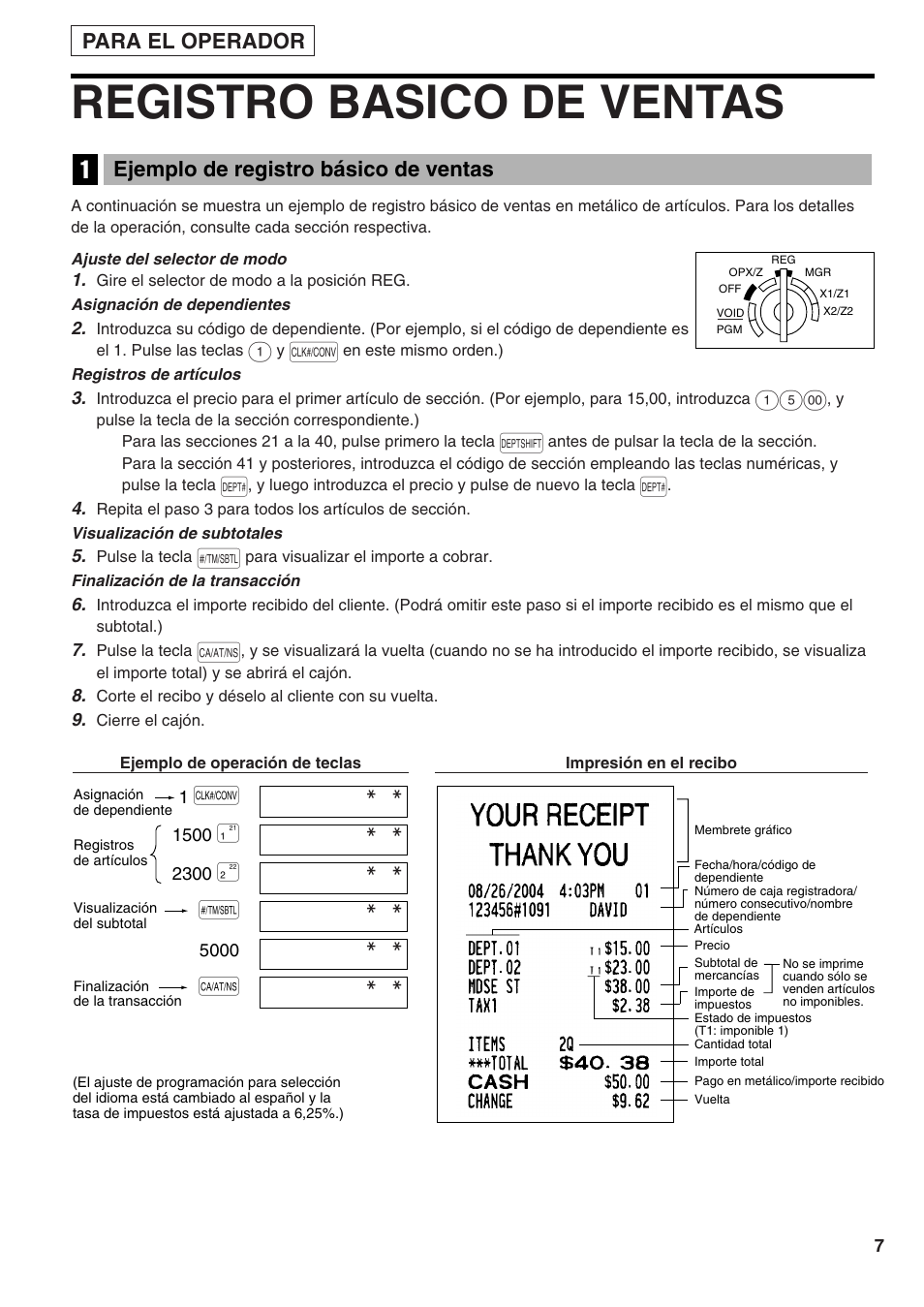 Registro basico de ventas, Ejemplo de registro básico de ventas, 1 ejemplo de registro básico de ventas | Para el operador | Sharp Electronic Cash Register XE-A402 User Manual | Page 87 / 124