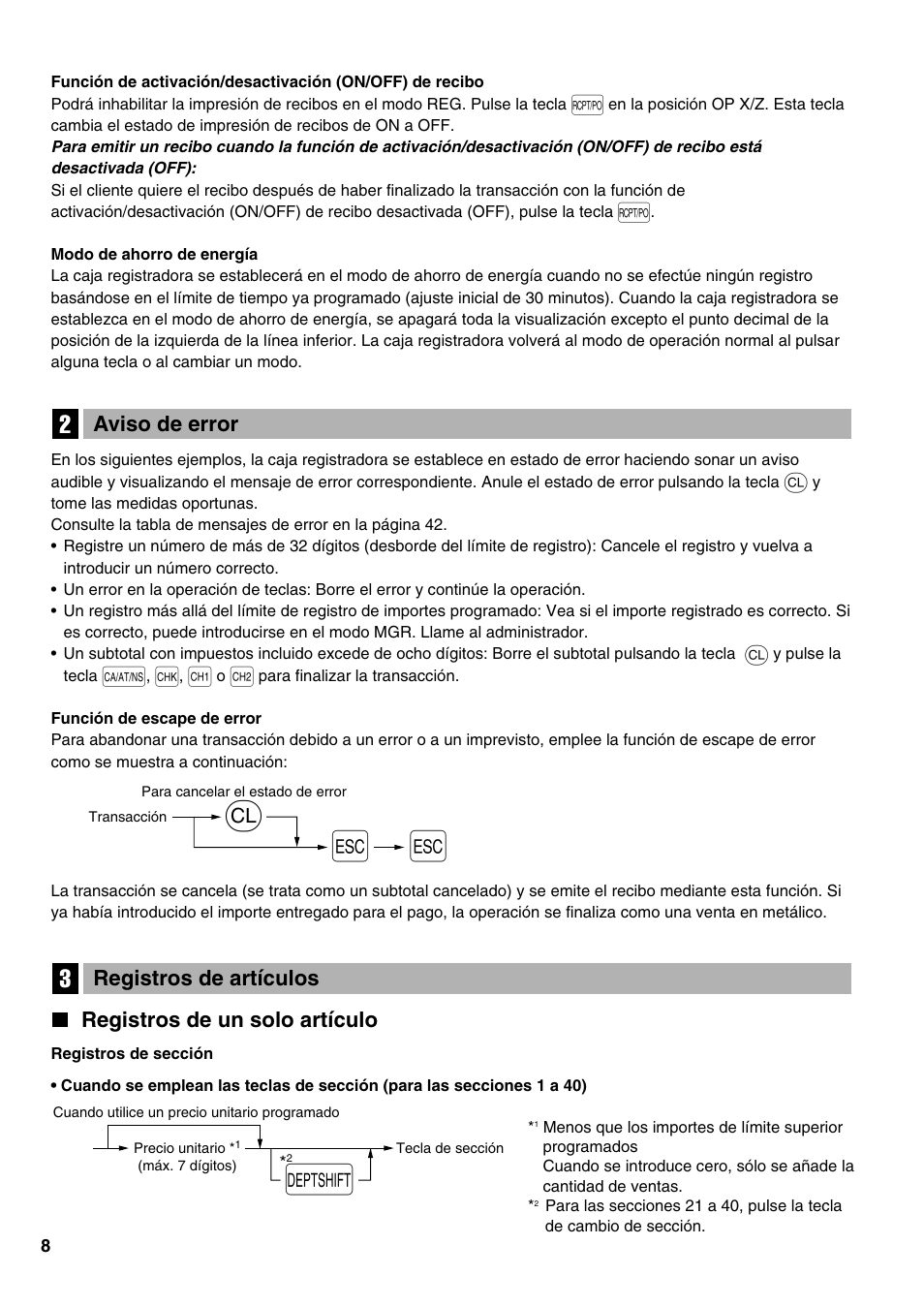 Aviso de error, Registros de artículos, Registros de un solo artículo | 2 aviso de error, 3 registros de artículos | Sharp Electronic Cash Register XE-A402 User Manual | Page 88 / 124