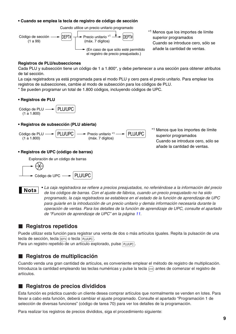 Registros repetidos, Registros de multiplicación, Registros de precios divididos | Sharp Electronic Cash Register XE-A402 User Manual | Page 89 / 124