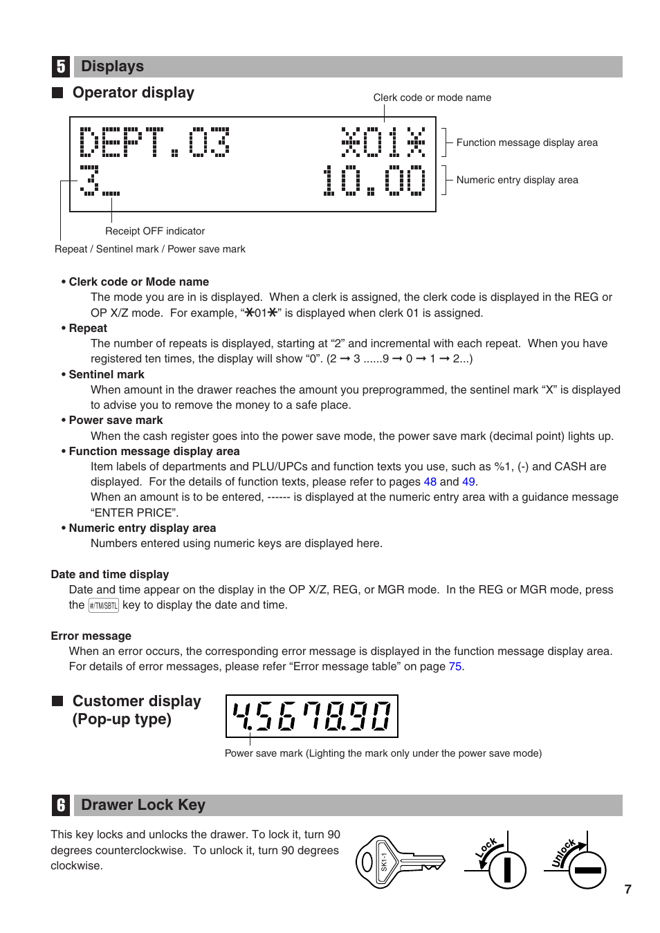 Displays, Operator display, Customer display | Drawer lock key, 5 displays, 6 drawer lock key, Customer display (pop-up type) | Sharp Electronic Cash Register XE-A402 User Manual | Page 9 / 124