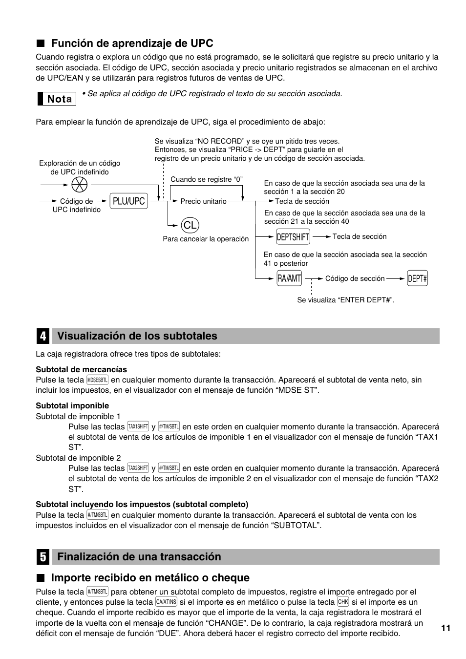 Función de aprendizaje de upc, Visualización de los subtotales, Finalización de una transacción | Importe recibido en metálico o cheque, 4 visualización de los subtotales, 5 finalización de una transacción, Qd d | Sharp Electronic Cash Register XE-A402 User Manual | Page 91 / 124