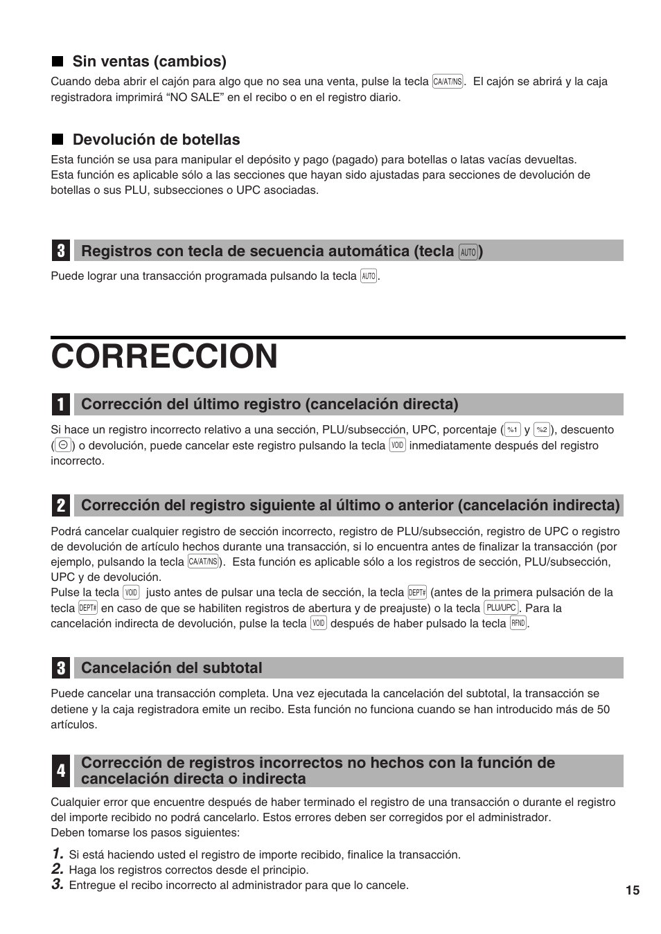 Sin ventas (cambios), Devolución de botellas, Correccion | Cancelación del subtotal | Sharp Electronic Cash Register XE-A402 User Manual | Page 95 / 124