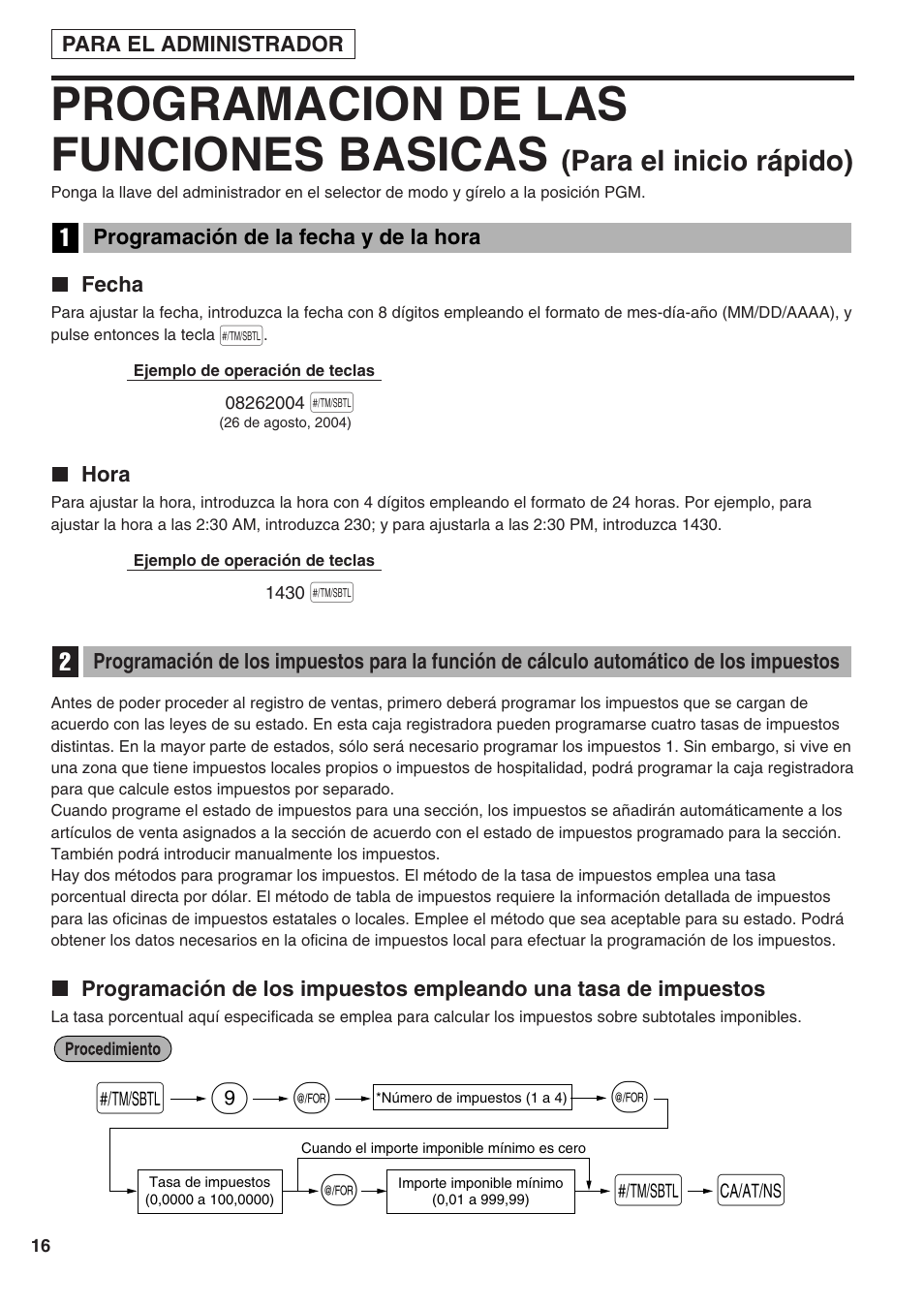 Programación de la fecha y de la hora, Fecha, Hora | 1 programación de la fecha y de la hora, Programacion de las funciones basicas, S@ 9 @ @ s a, Para el inicio rápido) | Sharp Electronic Cash Register XE-A402 User Manual | Page 96 / 124