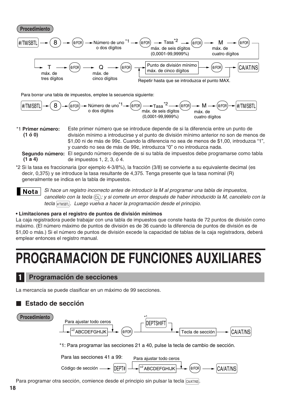 Programacion de funciones auxiliares, Programación de secciones, Estado de sección | 1 programación de secciones, S@ s | Sharp Electronic Cash Register XE-A402 User Manual | Page 98 / 124