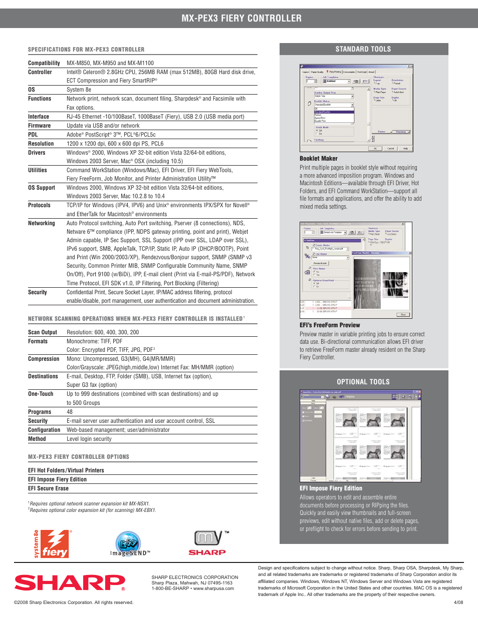 Mx-pex3 fiery controller, Standard tools optional tools | Sharp MX-PEX3 User Manual | Page 2 / 2