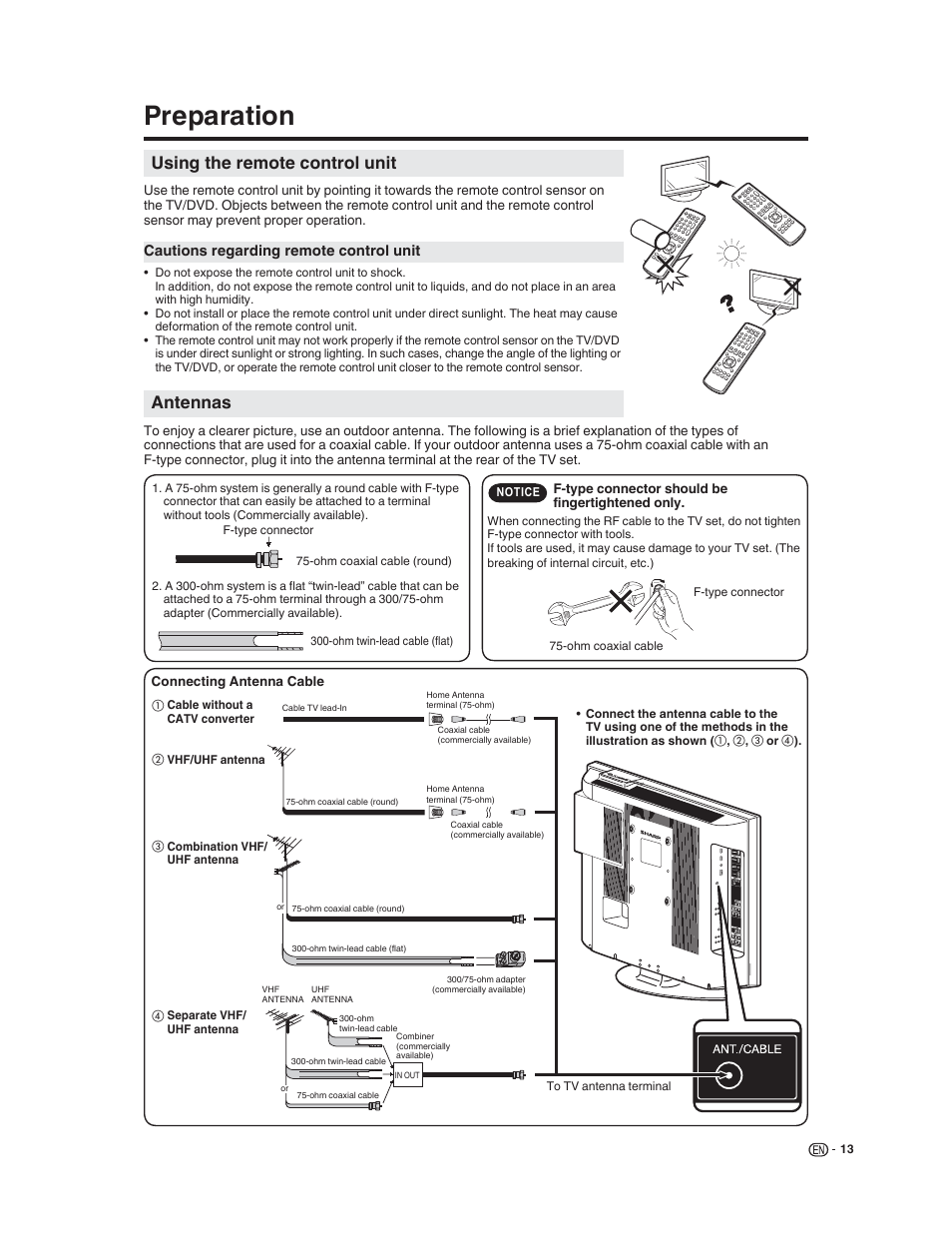 Preparation, Using the remote control unit, Antennas | Sharp LC-32DV22U User Manual | Page 15 / 62