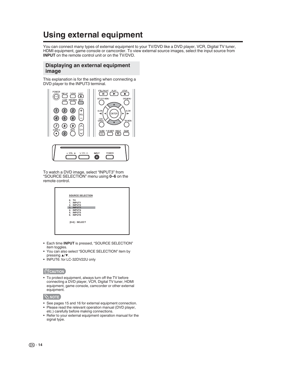 Using external equipment, Displaying an external equipment image | Sharp LC-32DV22U User Manual | Page 16 / 62