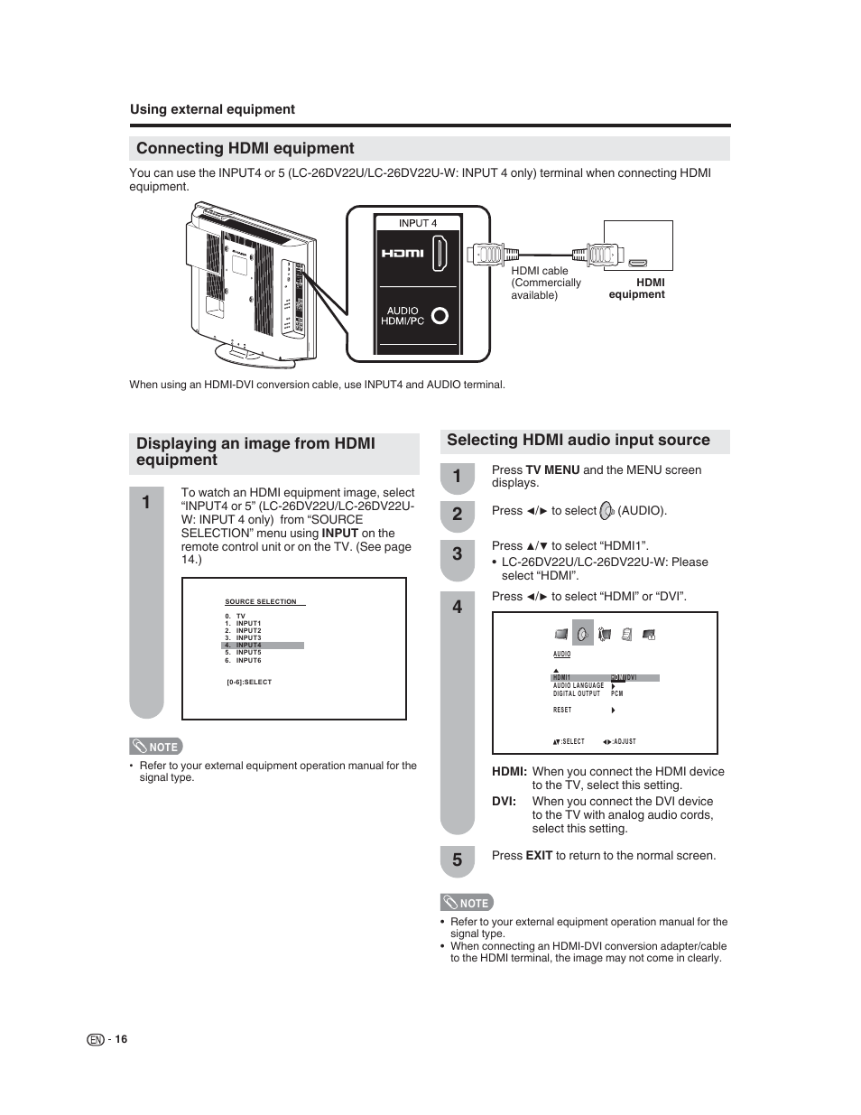 Connecting hdmi equipment, Displaying an image from hdmi equipment, Selecting hdmi audio input source | Sharp LC-32DV22U User Manual | Page 18 / 62