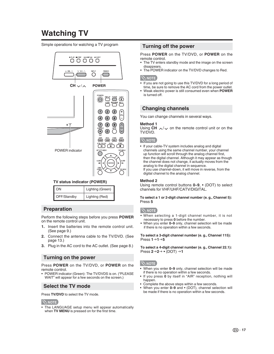 Watching tv, Changing channels, Turning on the power | Select the tv mode, Preparation, Turning off the power | Sharp LC-32DV22U User Manual | Page 19 / 62