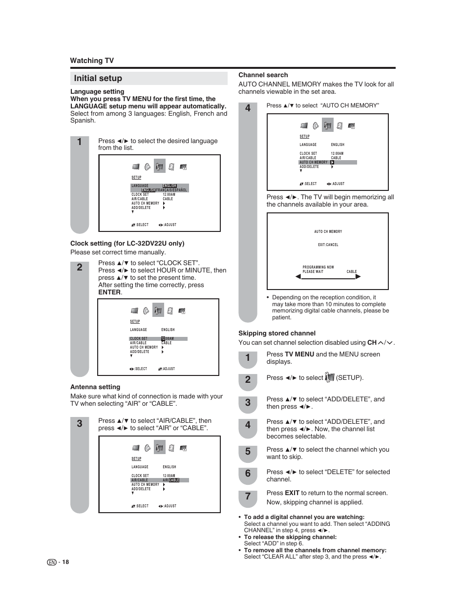 Initial setup | Sharp LC-32DV22U User Manual | Page 20 / 62