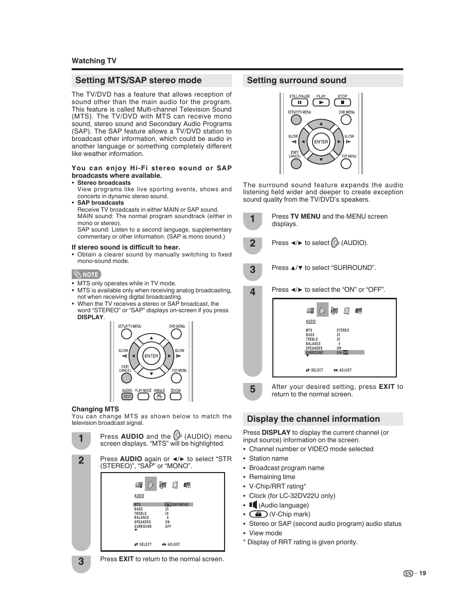 Setting mts/sap stereo mode, Setting surround sound, Display the channel information | Sharp LC-32DV22U User Manual | Page 21 / 62