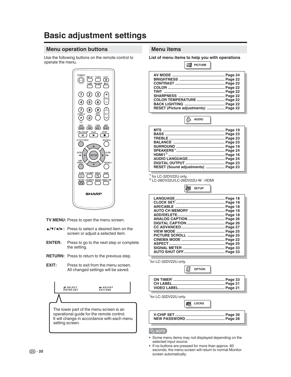 Basic adjustment settings, Menu items, Menu operation buttons | Sharp LC-32DV22U User Manual | Page 22 / 62