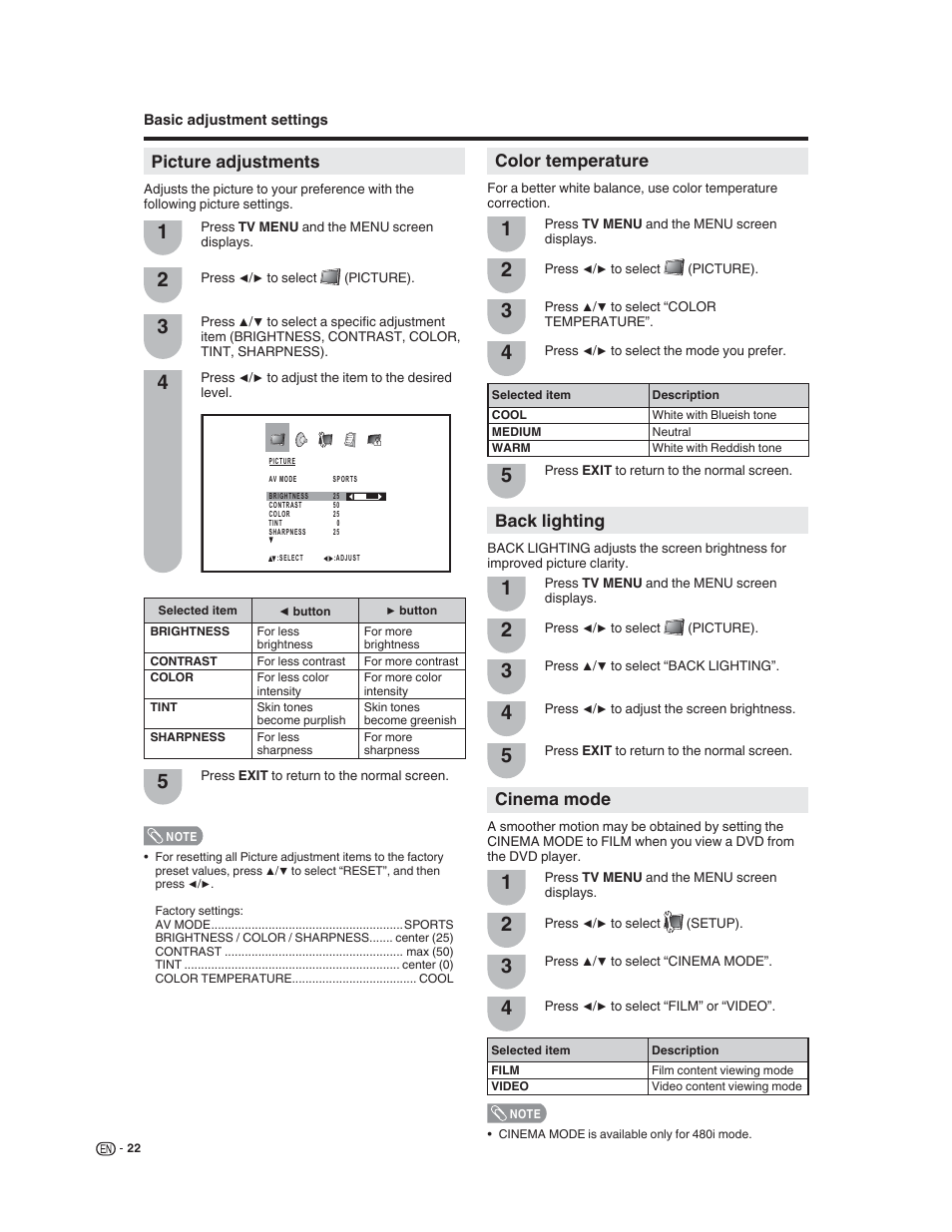 Picture adjustments, Color temperature, Cinema mode | Back lighting | Sharp LC-32DV22U User Manual | Page 24 / 62