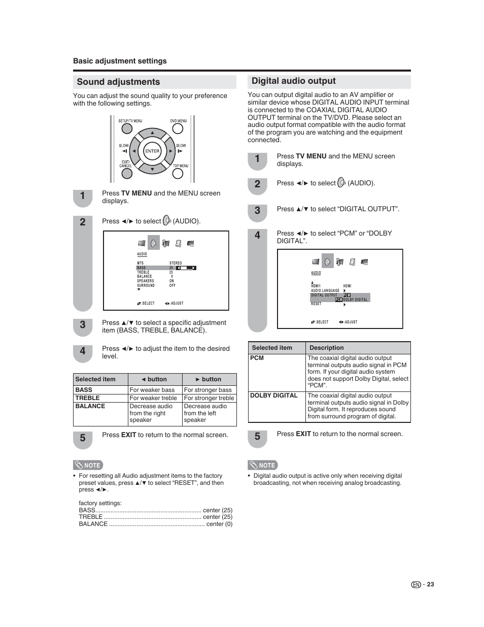 Sound adjustments, Digital audio output | Sharp LC-32DV22U User Manual | Page 25 / 62