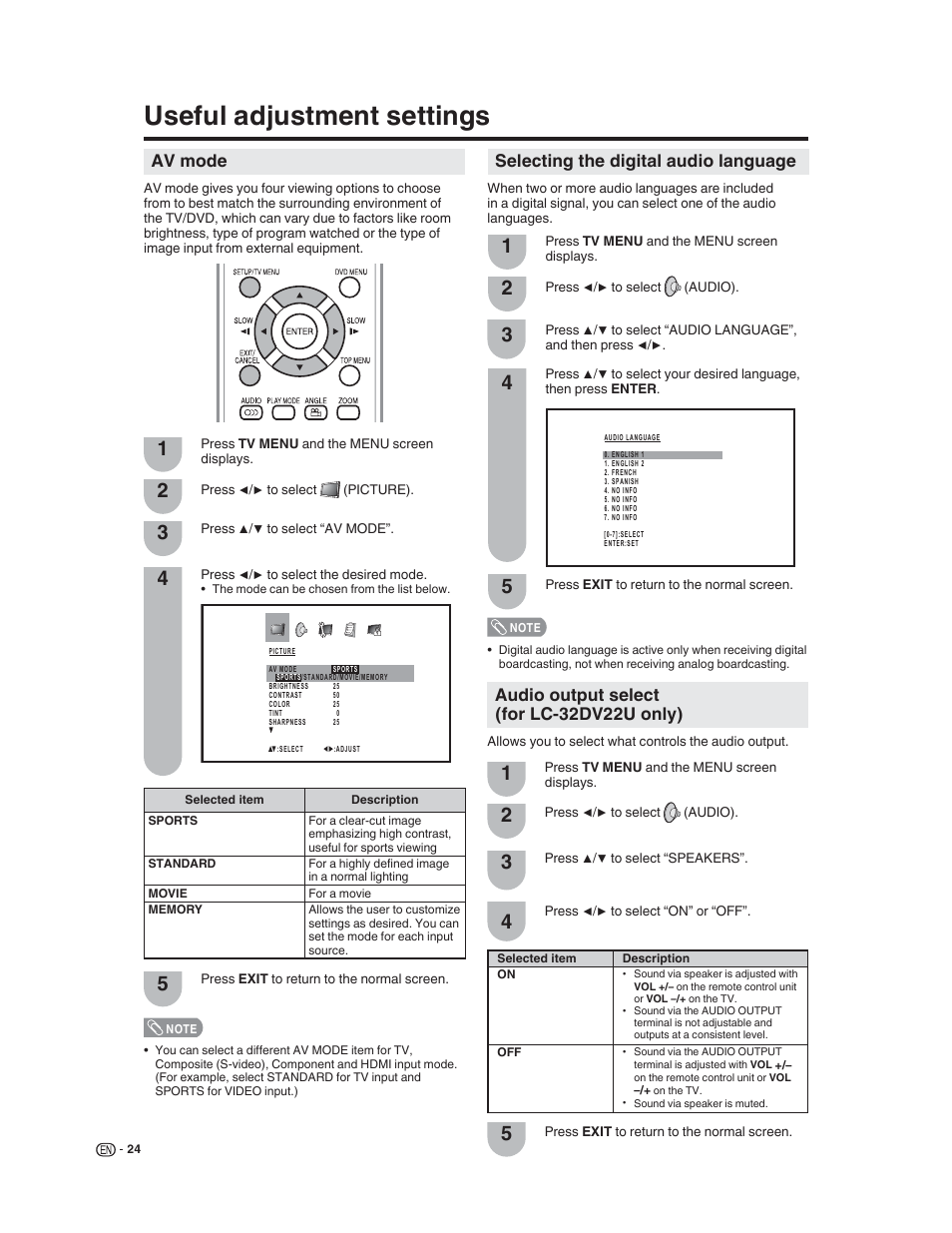 Useful adjustment settings, Selecting the digital audio language, Av mode | Audio output select (for lc-32dv22u only) | Sharp LC-32DV22U User Manual | Page 26 / 62