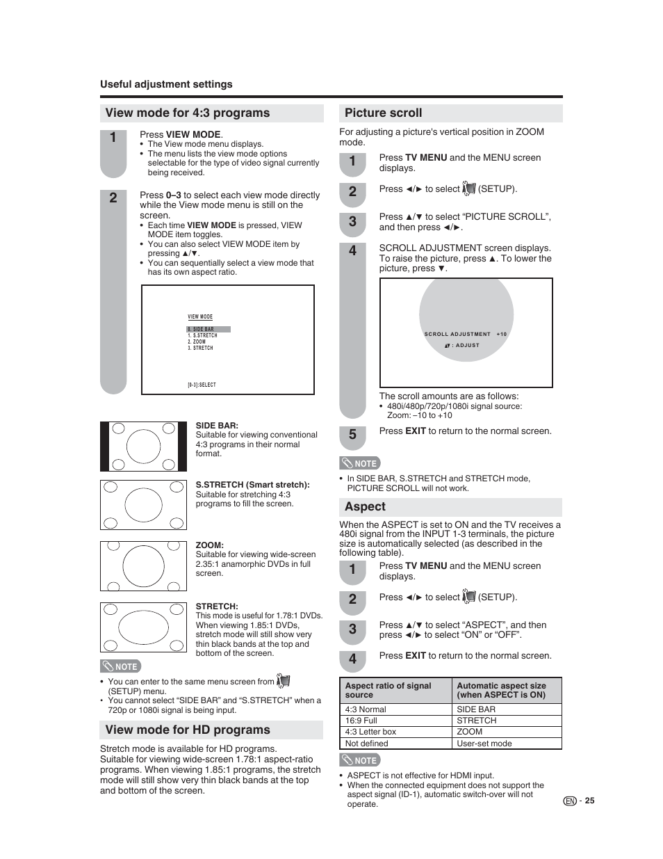 View mode for 4:3 programs, View mode for hd programs, Picture scroll | Aspect | Sharp LC-32DV22U User Manual | Page 27 / 62