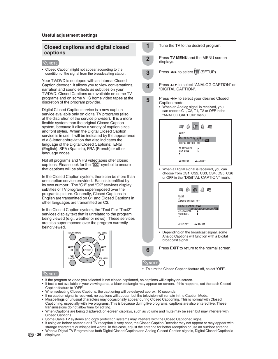 Closed captions and digital closed captions | Sharp LC-32DV22U User Manual | Page 28 / 62