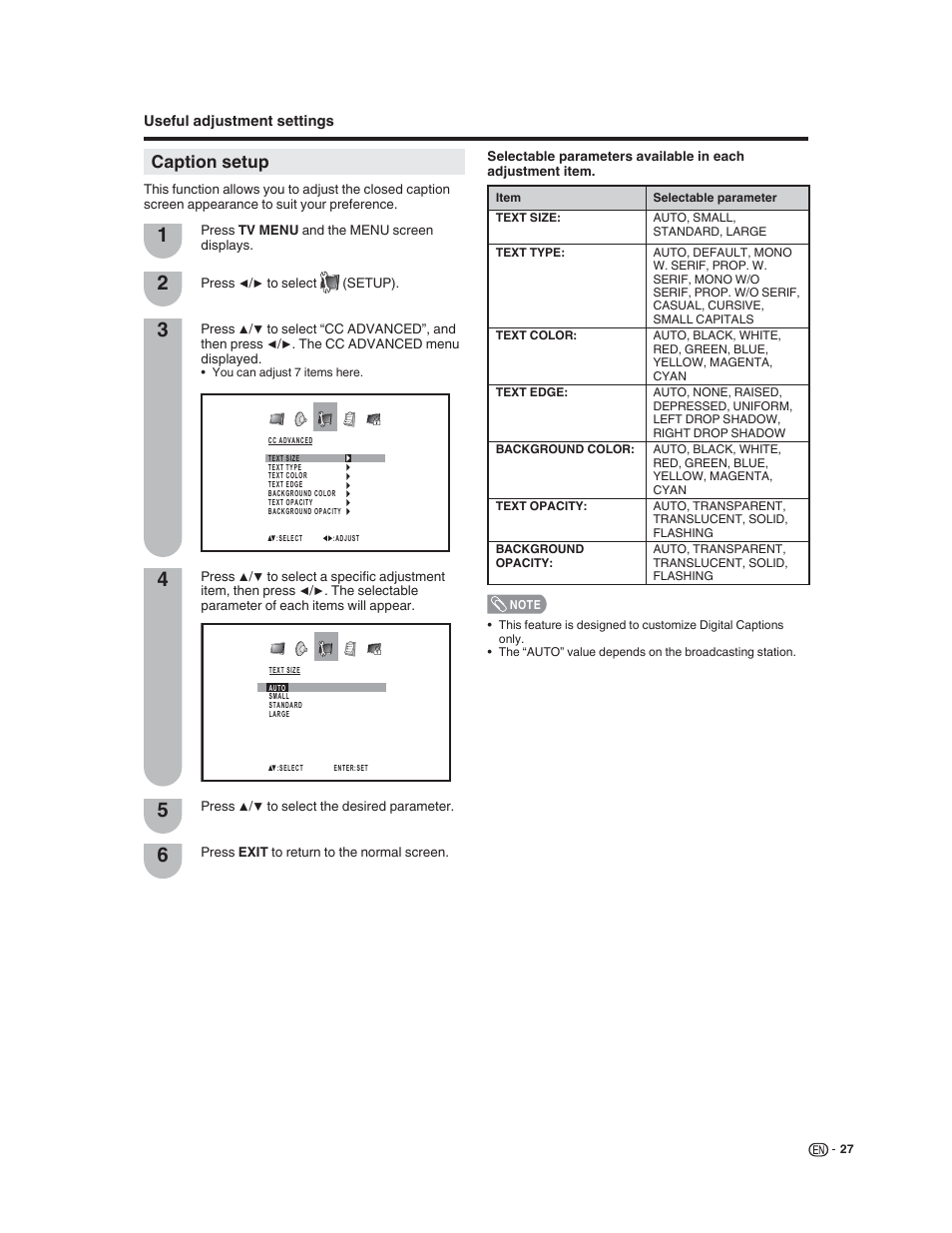 Caption setup | Sharp LC-32DV22U User Manual | Page 29 / 62