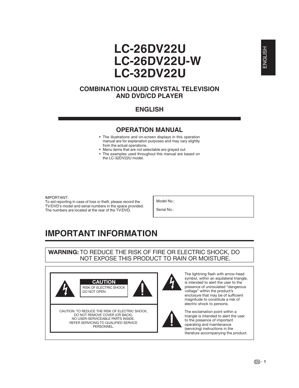 Important information, Operation manual | Sharp LC-32DV22U User Manual | Page 3 / 62